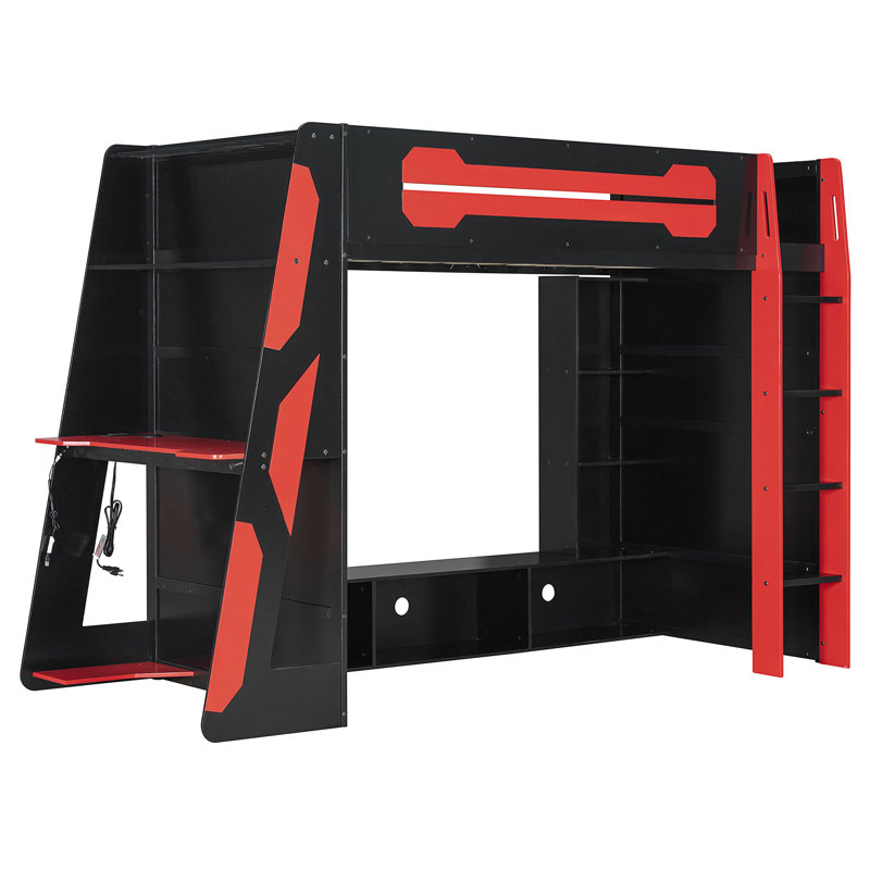Lit mezzanine en bois avec bureau, Rouge, Lit simple