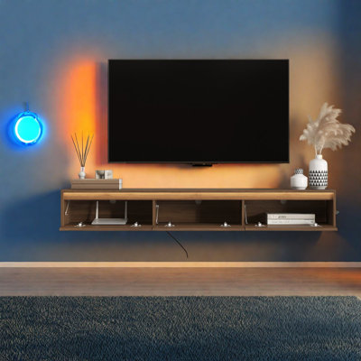 Meuble télé flottant avec rangement, panneau de fibres à densité moyenne brun de 65 pouces, meubles télé modernes et centres de divertissement pour le salon