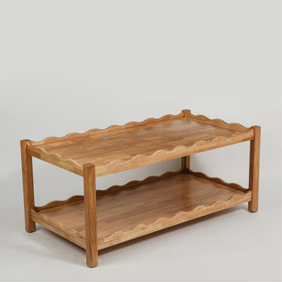 Modern 2 Tier Coffee Table for Living Room Furniture, Rectangular Center Table with Open Storage Shelf, Solid Rubberwood Legs, Stable and, Easy Assemb