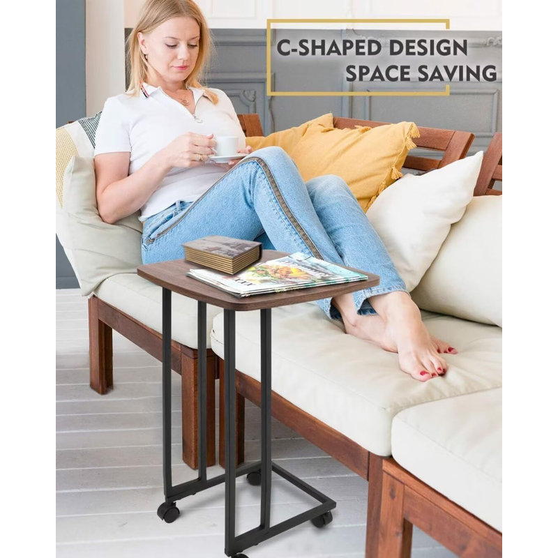 C Shaped End Table, Small Side Table For Couch, TV Tray Table With Detachable Wheels And Metal Frame,Wooden Anti-Scratch Tabletop Sofa Table, For Living Room, Bedroom (Small, Walnut)