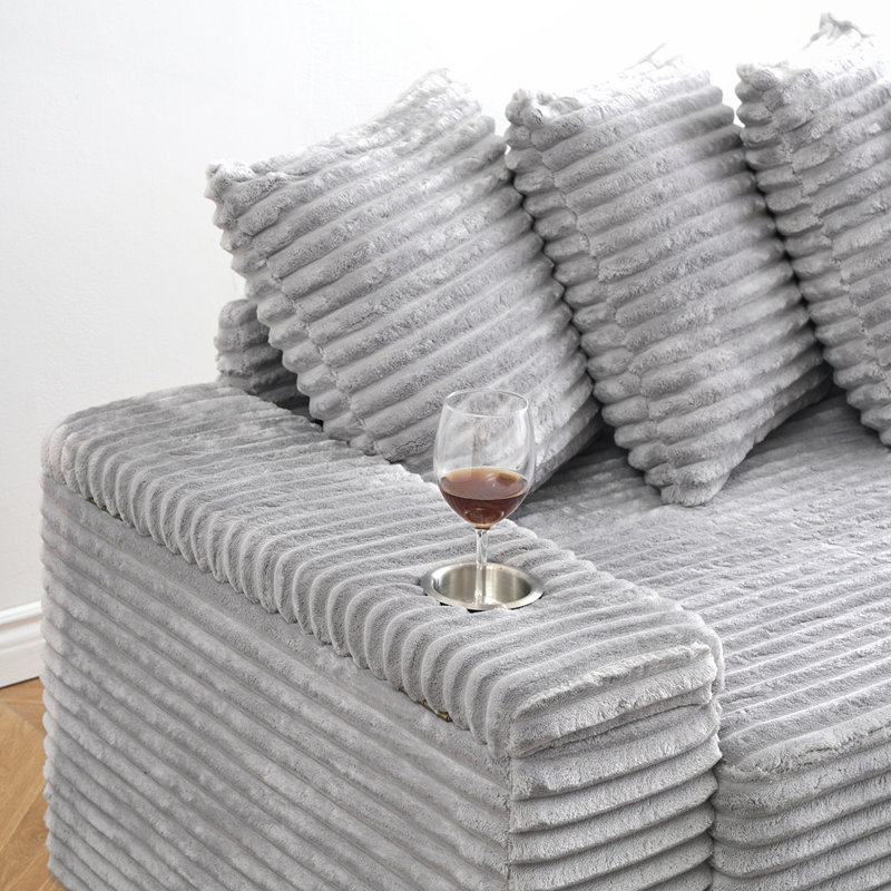 Canapé en velours côtelé avec porte-gobelets avec accoudoirs et méridienne réversible, Gris