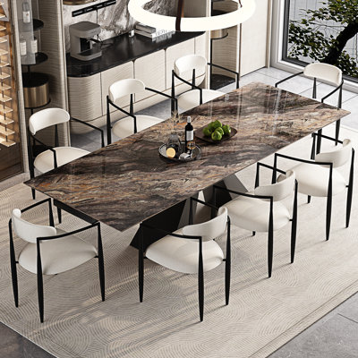 9-Piece Modern 110.24'' Extendable Sintered Stone Dining Table Set With 8 Upholstered Fabric Arm Chairs