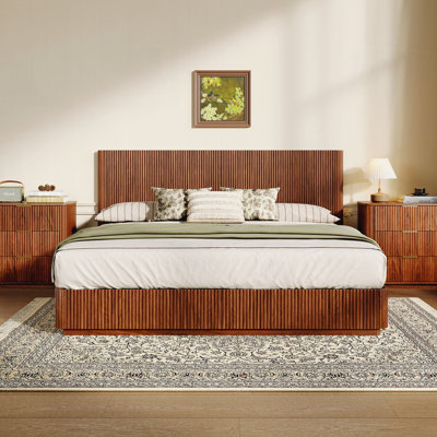 Bed Frame With LED Lights, Modern Wooden Corrugated Curved Lines, Convex Groove Board Design