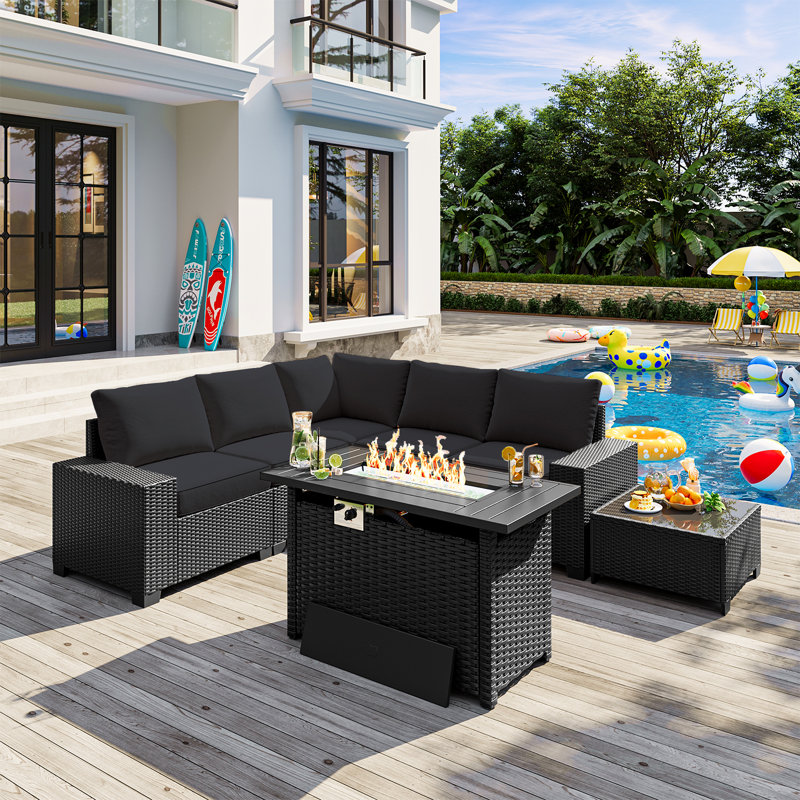 7-pieces Patio Furniture Set With 44" Propane Gas Fire Pit Table, Black Cushion/Black Frame