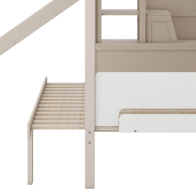 Lit superposé en bois en forme de maison avec glissière et escalier de rangement, lit superposé peu encombrant avec tablettes intégrées et garde-corps
