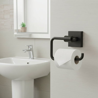 One Matte Black Wall-Mounted Toilet Paper Holder With European-Style Single-Column Hook Design. A Practical Bathroom Storage And Organization Hardware Accessory.