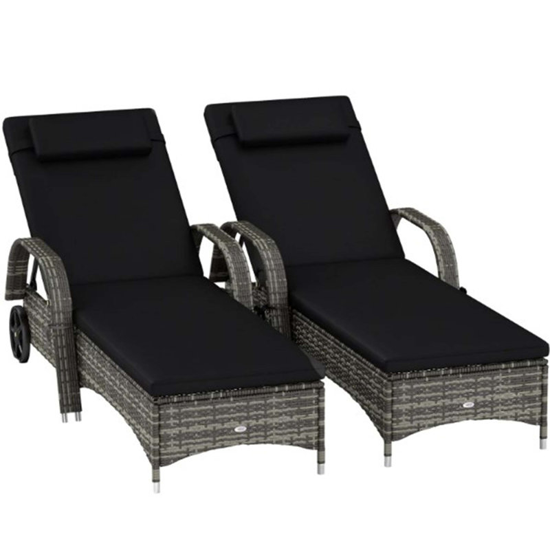 Rolling Outdoor Chairs,2 Reclining Chaise Lounge Chairs,With Cushion, Pillow, Headrest, Armrests, And Wheels, Black, Gray, 2