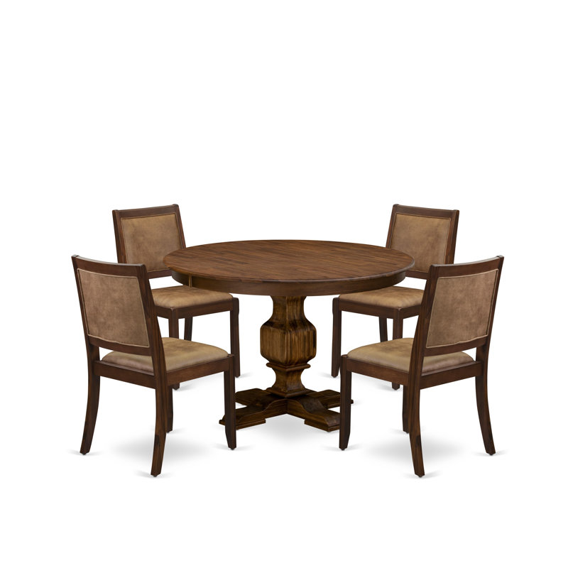 5-piece Dining Room Table Set included a Round Kitchen Table and 4 Brown Texture Faux Leather stackable kitchen Chair, Antique Walnut Finish.