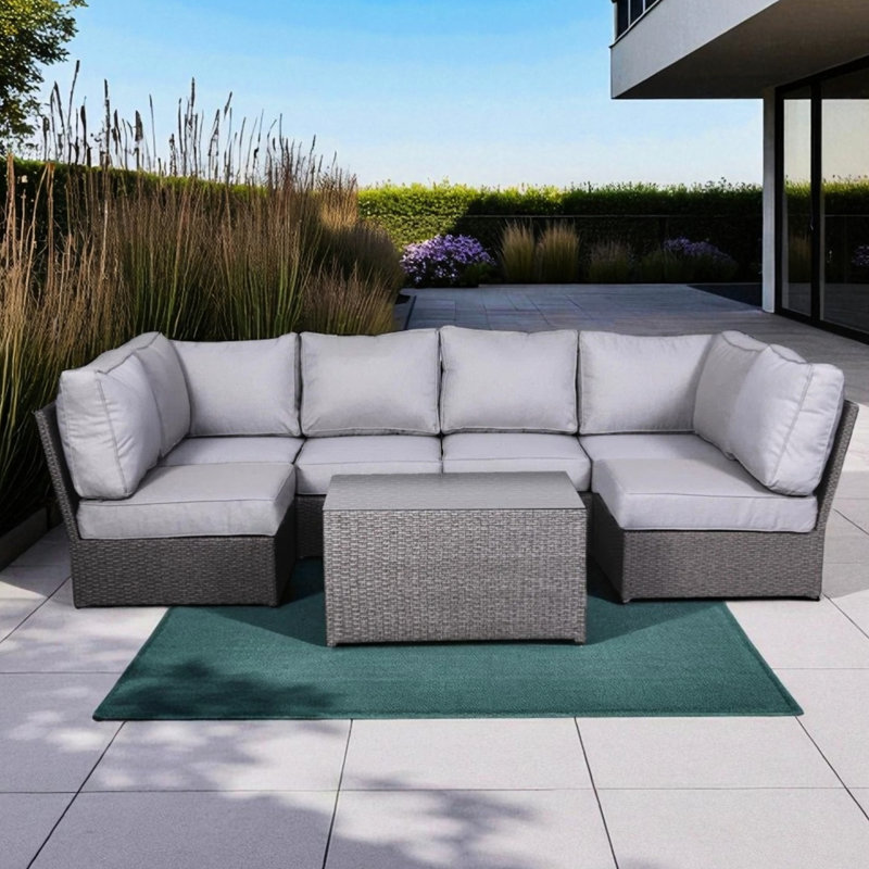 Canapé modulaire d'extérieur pour 4 personnes, coussins confortables en mousse de 5 po d'épaisseur, assemblage instantané entièrement assemblé, conception réversible, table basse à plateau en verre, housses de coussin grises avec 14 personnes amovibles