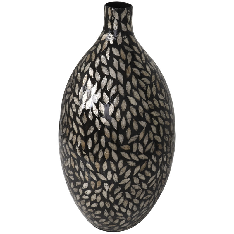 Mother of Pearl Shell Handmade Mosaic Inspired Decorative Vase, Black, 21.9" H x 11.1" W x 11" D