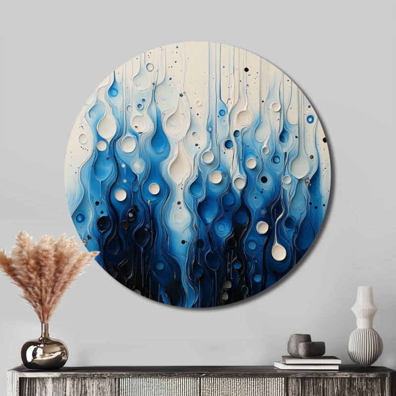 «Rhythmic Driauge Drip Paint Eruption II», reproduction d'art moderne en métal bleu, H 23 po x l 23 po
