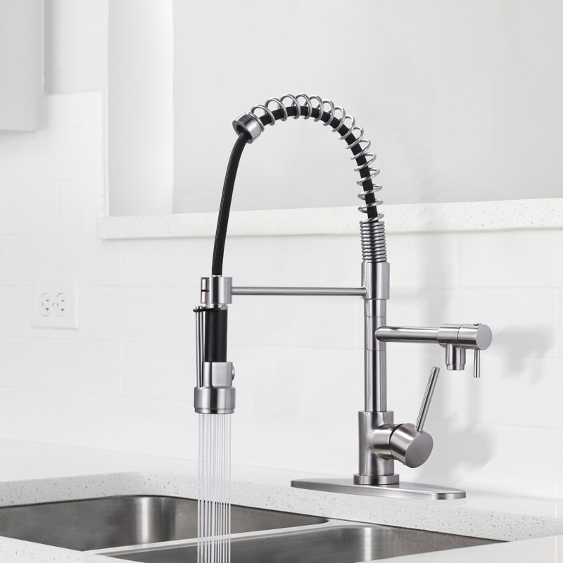 2-Spout Single Handle Pull Down Sprayer Kitchen Faucet With Advanced Spray In Solid Brass, Brushed Nickel