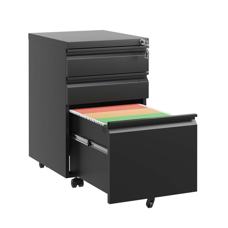 Three Drawer Mobile File Cabinet with Lock for Home Office, Ideal for Organizing Letters, Legal and A4 Documents, Fully Assembled