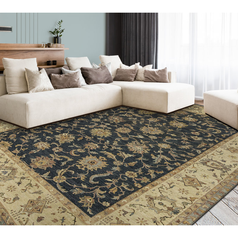 Tapis noir et beige noué à la main de haute qualité