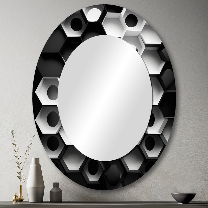 Abstrait géométrique noir et blanc II - Miroir décoratif abstrait ovale sur métal, 43 po x 33 po