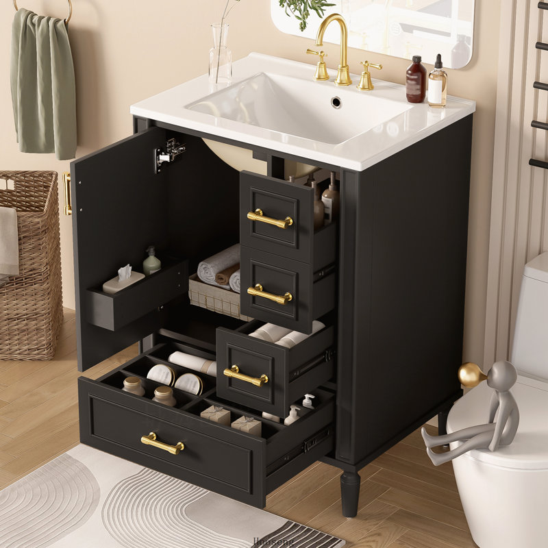 Meuble-lavabo moderne de 61 cm (24 pouces) avec lavabo en céramique, porte à fermeture douce, 3 tiroirs et poignées dorées