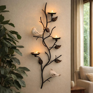 Porte-bougie mural floral, branches de 41 pouces avec oiseaux, 3 assiettes
