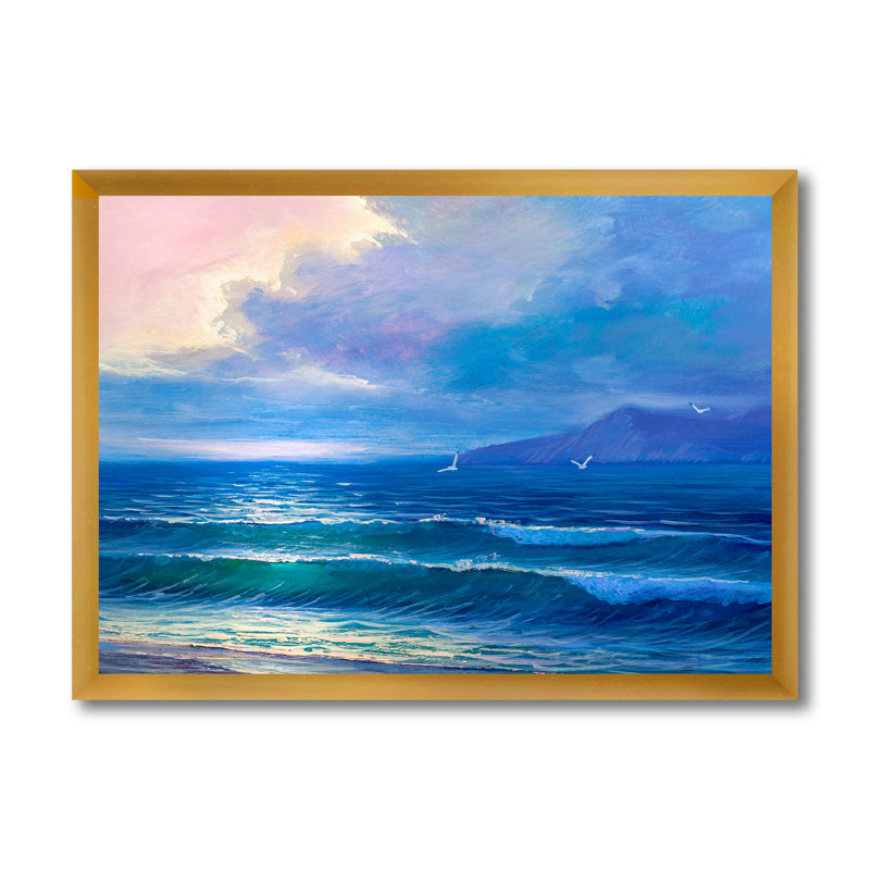«Morning Sunlight On The Sea Waves I», peinture sur toile, H 16 po x l 32 po x p 1 po, Encadrement doré