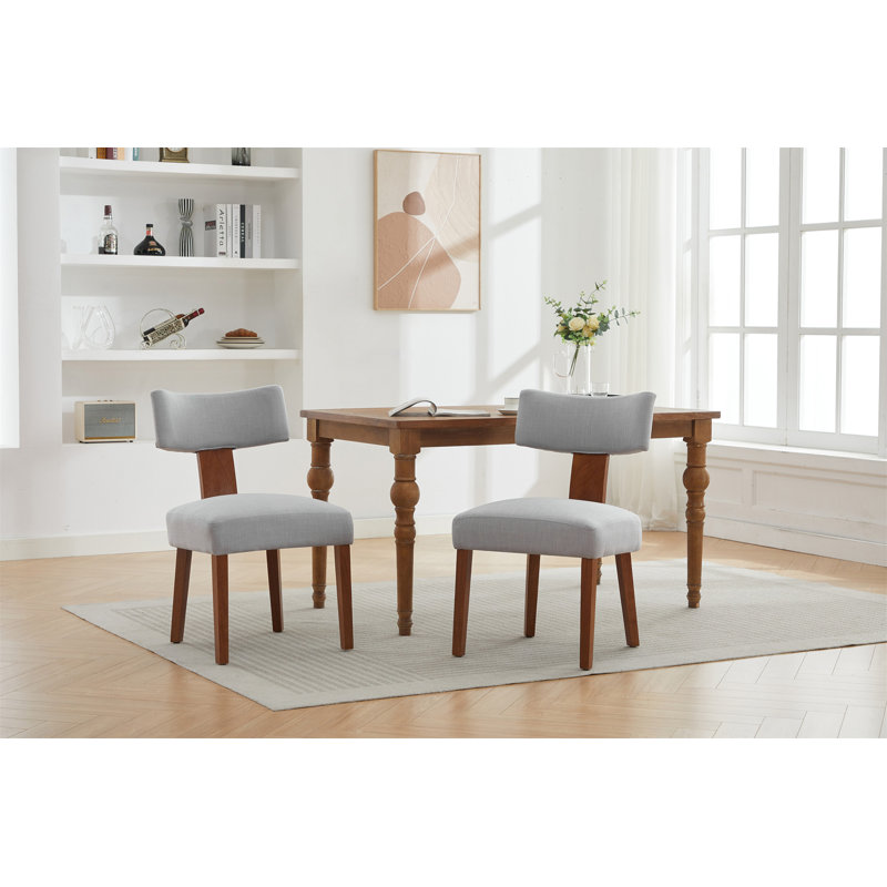 064-Ensemble de 2 chaises de salle à manger sans accoudoirs modernes en lin avec dossier incurvé et pieds en bois massif pour le salon de la salle à manger, gris