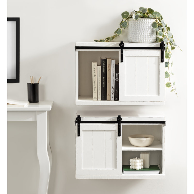 White Wood Floating Side Table with Sliding Barn Door