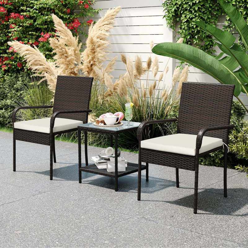 Ensemble de meubles de patio 3 pièces, table en rotin PE avec chaises empilables