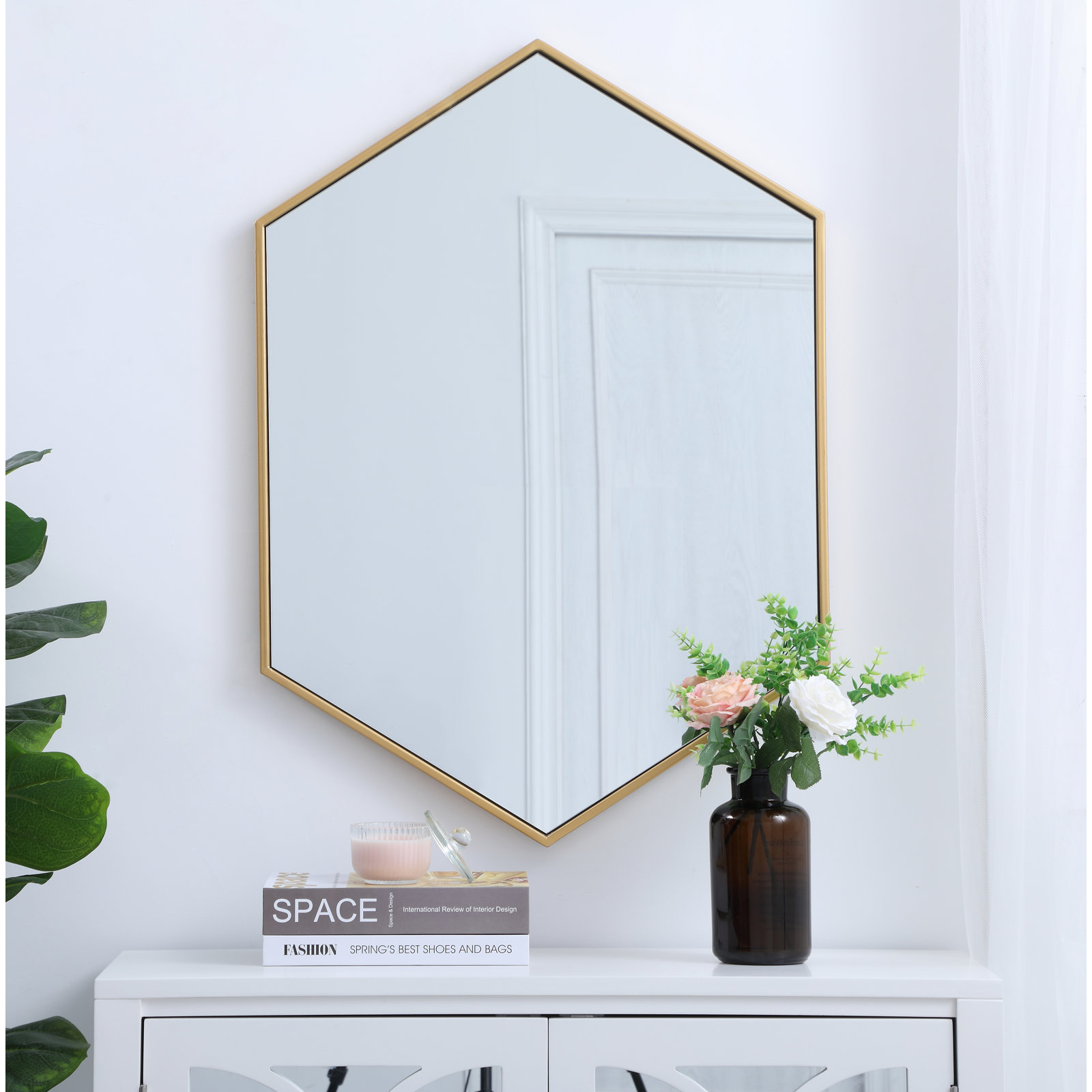 Sabine Metal Hexagon Wall Mirror, 34" H x 24" W, Brass