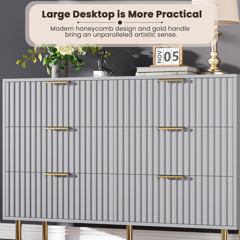 Fluted 6 Drawer Wide Dresser, Modern Chest with Spacious Deep Drawers, Wooden Organizer Ideal for Living Room, Hallway, or Kids Room, White