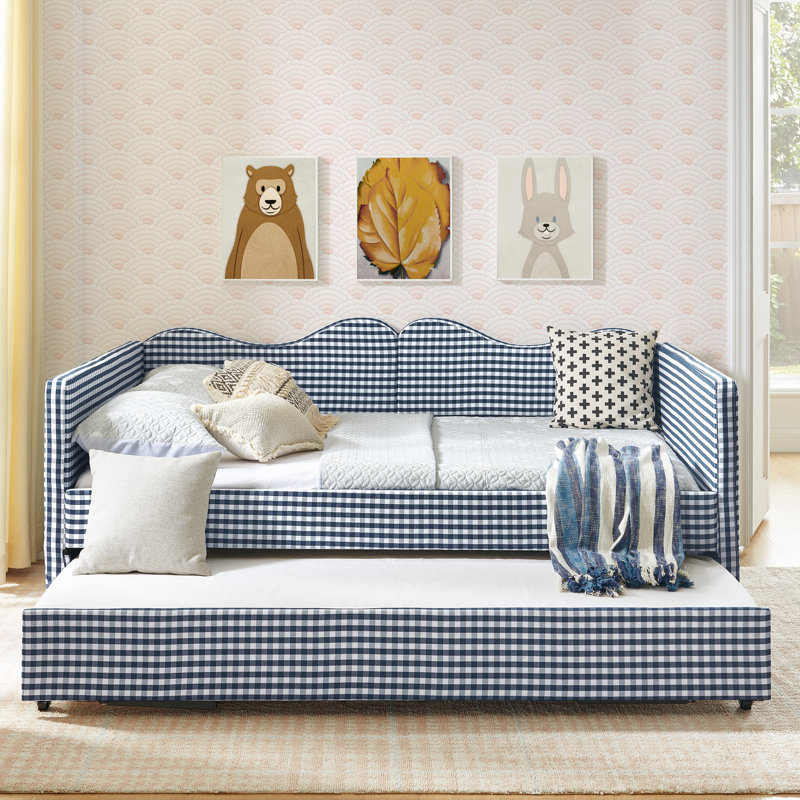 Lit de jour double, lit de jour rembourré en vichy équipé d'un cadre gigogne escamotable et d'une poche de rangement latérale, canapé-lit multifonctionnel en bois massif pour chambre d'enfant et chambre d'amis - bleu