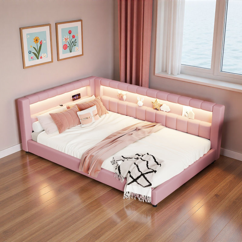 Upholstered Daybed With Usb Ports And Led Light Strips, Full XL, Pink