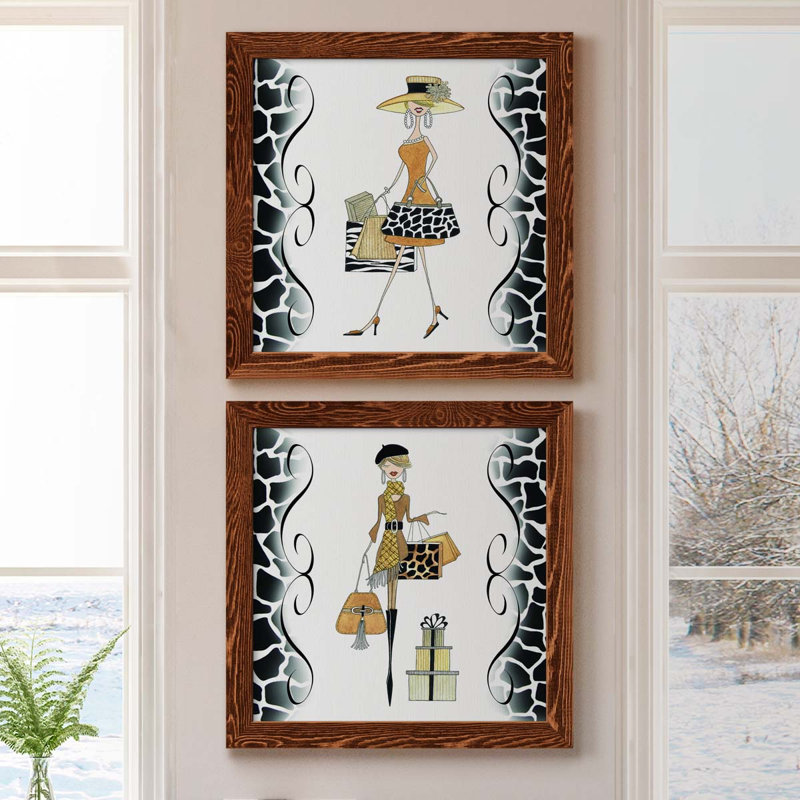 Swanky Shopper Gal - ensemble de 2 impressions encadrées sur toile, H 20 po x l 40 po x P 1,5 po, Encadré de bois de noyer