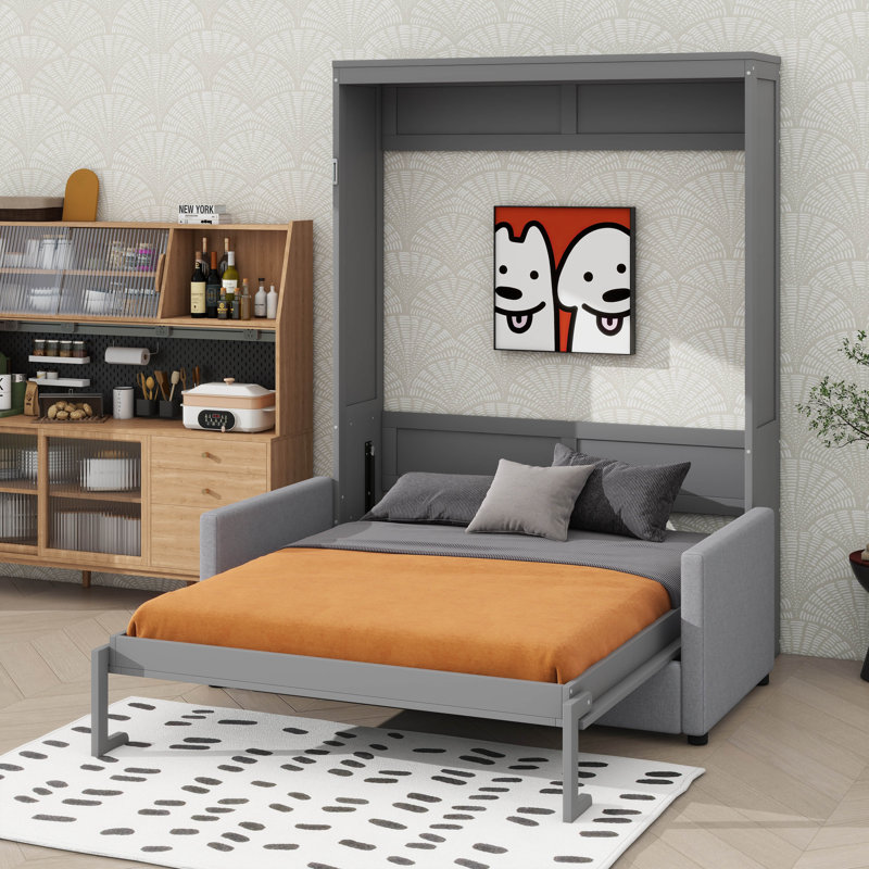 Grand lit escamotable mural avec coussin, Gris, Grand lit