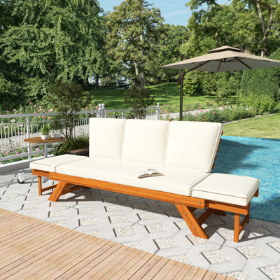 Casual Outdoor Adjustable Wooden Sofa Patio Acacia Wood Chaise Lounge With Beige Cushions For Small Places