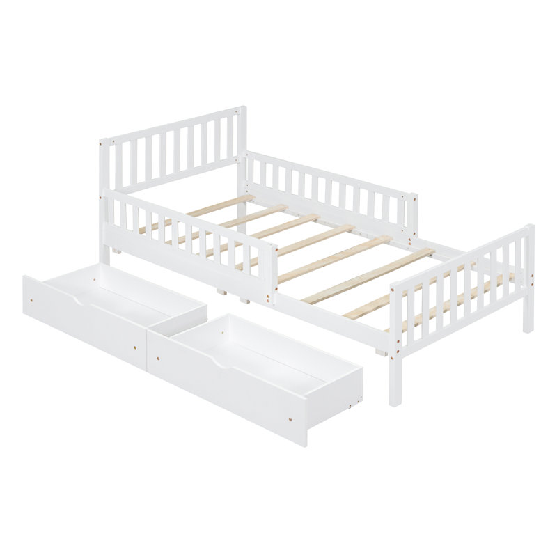 Lit plateforme simple en bois avec garde-corps des deux côtés et deux tiroirs de rangement, blanc, Blanc, Lit simple