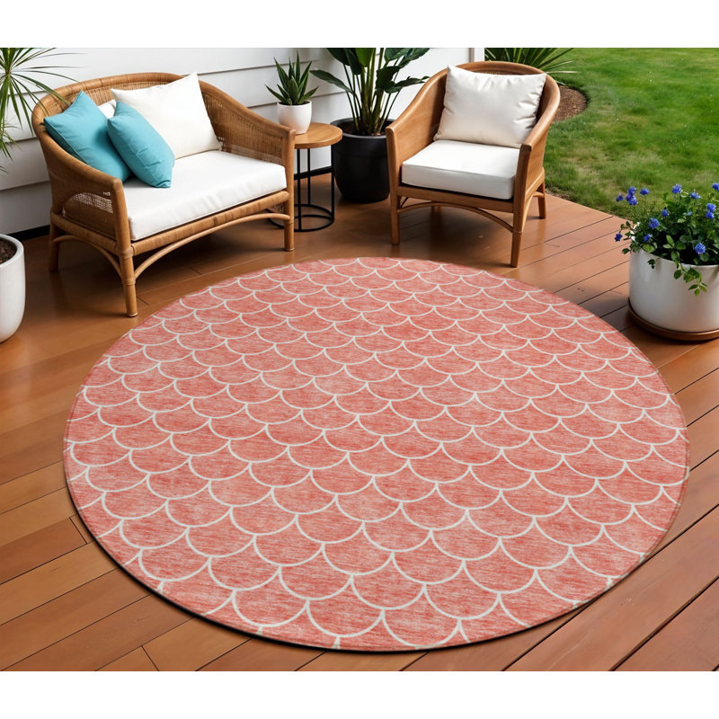 Tapis d'intérieur rond lavable géométrique 8 pi saumon et ivoire