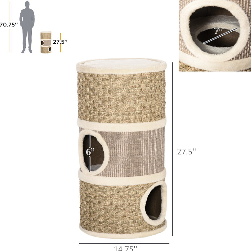 Cachette pour chat avec trois aires de repos, algues et patins à gratter, intérieur, base en panneau de particules, tour intérieure de 14,75 po de diamètre avec trou central ouvert, doux, panneau de particules pour animaux, porte de 6 po, 9 lb