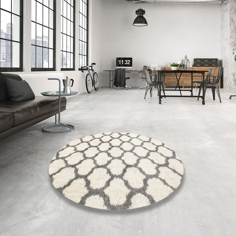 Tapis contemporain gris / crème, Rond 7 pi