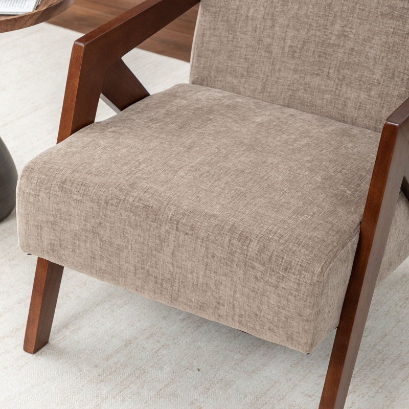 Chaise d'appoint Mid-Century rembourrée en bois d'hévéa avec pieds en bois, Chenille café