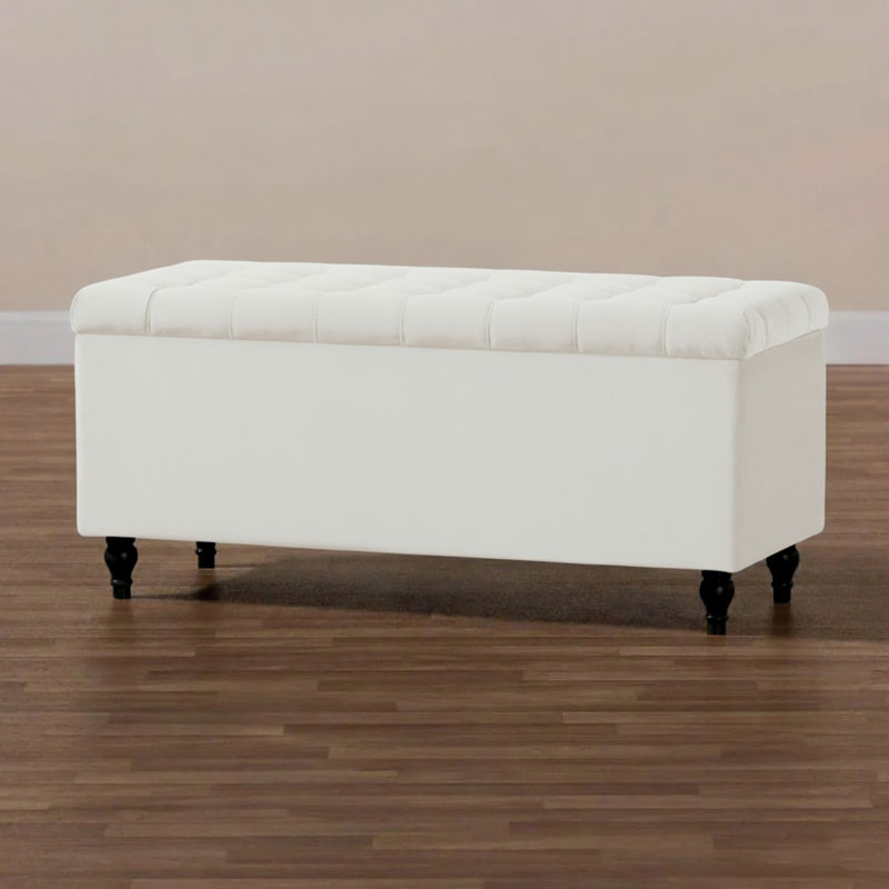 Cubed Wide Velvet Tufted Rectangle Solid Colour Footstool Ottoman Storage Box with Wooden Legs, White