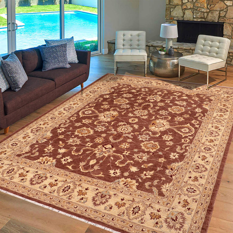 Tapis brun / crème en laine noué à la main de style oriental rectangulaire 8 pi 1 po x 9 pi 9 po Baccio