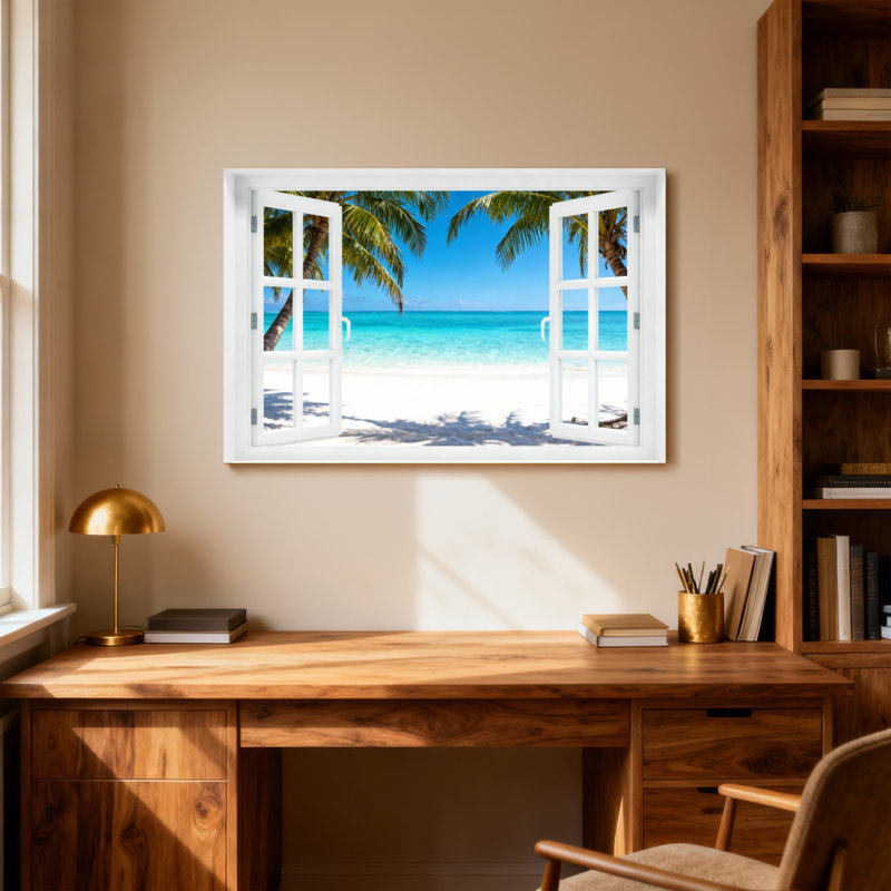 Paysage, nature, plage tropicale, palmier, océan, ciel, sable, fenêtre, vue, H 12 po x l 18 po