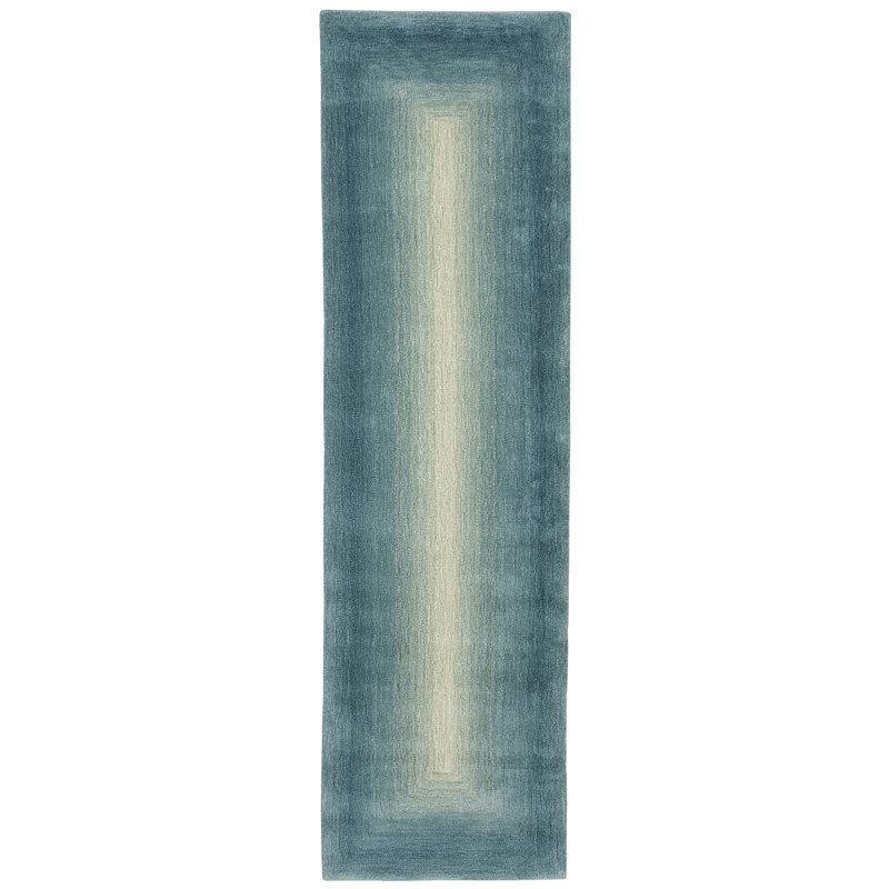 Tapis bleu / blanc en laine touffeté à la main, Tapis de couloir 2 pi x 7 pi 6 po