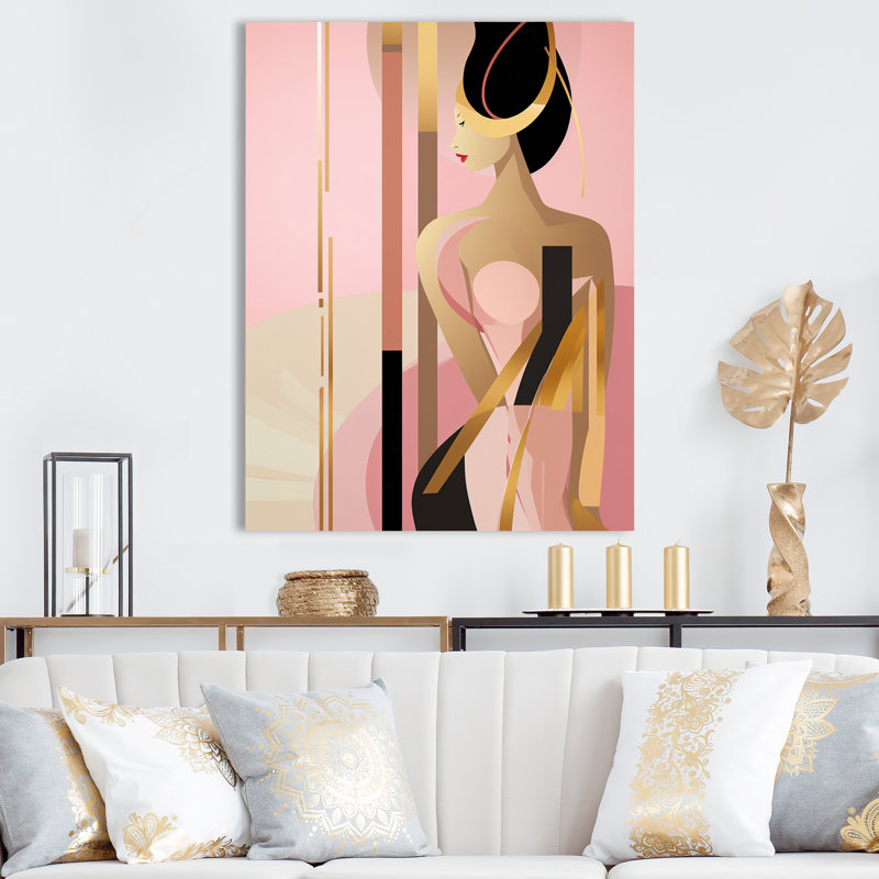 «Sensual Elegance Art Nouveau Woman Portrait», art mural moderne sur toile géométrique, 40" H x 30" W, Toile tendue