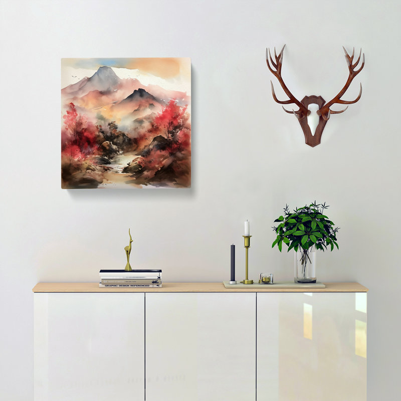 Japanese Mountains Watercolour - No Frame Print, 50cm H x 50cm W x 3cm D