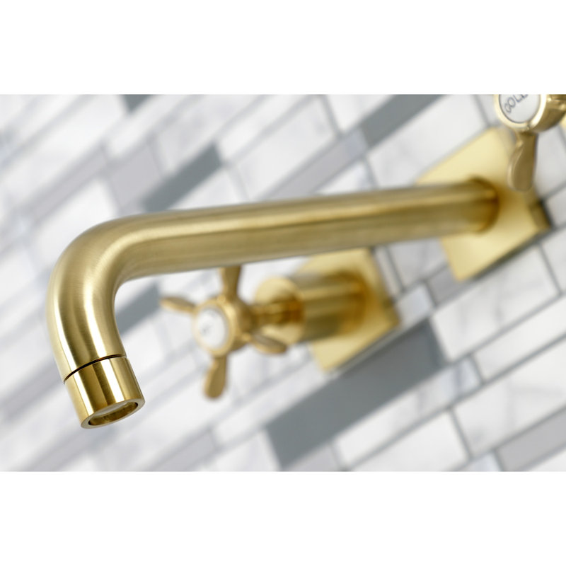 Kingston Brass Manhattan Two-Handle 3-Hole Wall Mount Roman Tub Faucet, Brushed Brass, Cross Flat