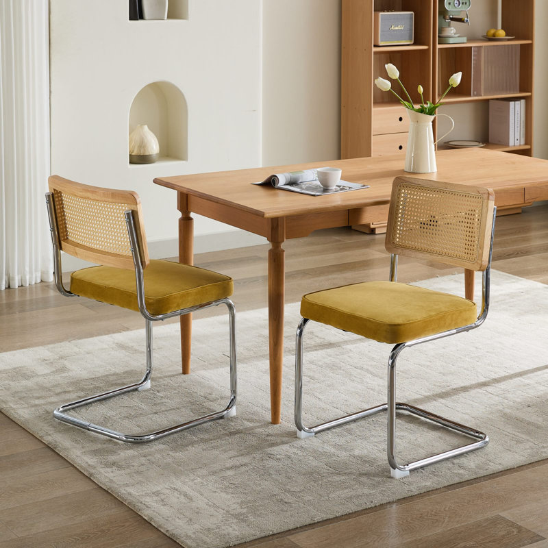 Ensemble de 2 chaises de salle à manger, chaises d'appoint en velours avec dossier en canne naturelle et base en acier inoxydable, célèbres chaises conçues par Breuer, chaises de cuisine rembourrées en rotin