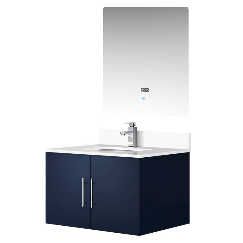 30 po Meuble-lavabo bleu marine avec comptoir en quartz blanc, robinet, miroir à DEL - et meuble-lavabo à conception fonctionnelle x P 22 po