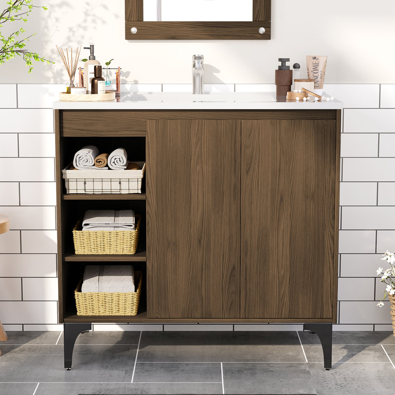 Meuble-lavabo simple 36 po avec plateau en résine et lavabo sur pied, Brun