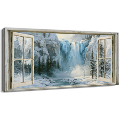 Tableau mural d'hiver imitation fenêtre sur toile, style rustique, forêt enneigée et cascade, idéal pour le salon ou la chambre à coucher, décoration de Noël, 30 x 60 cm