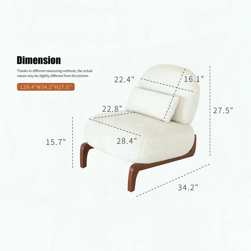 Fauteuil décoratif mignon sans accoudoirs - velours blanc - pieds en bois massif, Blanc