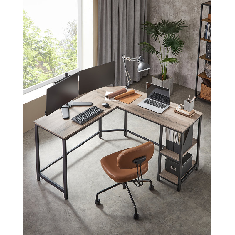 Devault L-Shaped Metal Base Writing Desk, Grey/Black